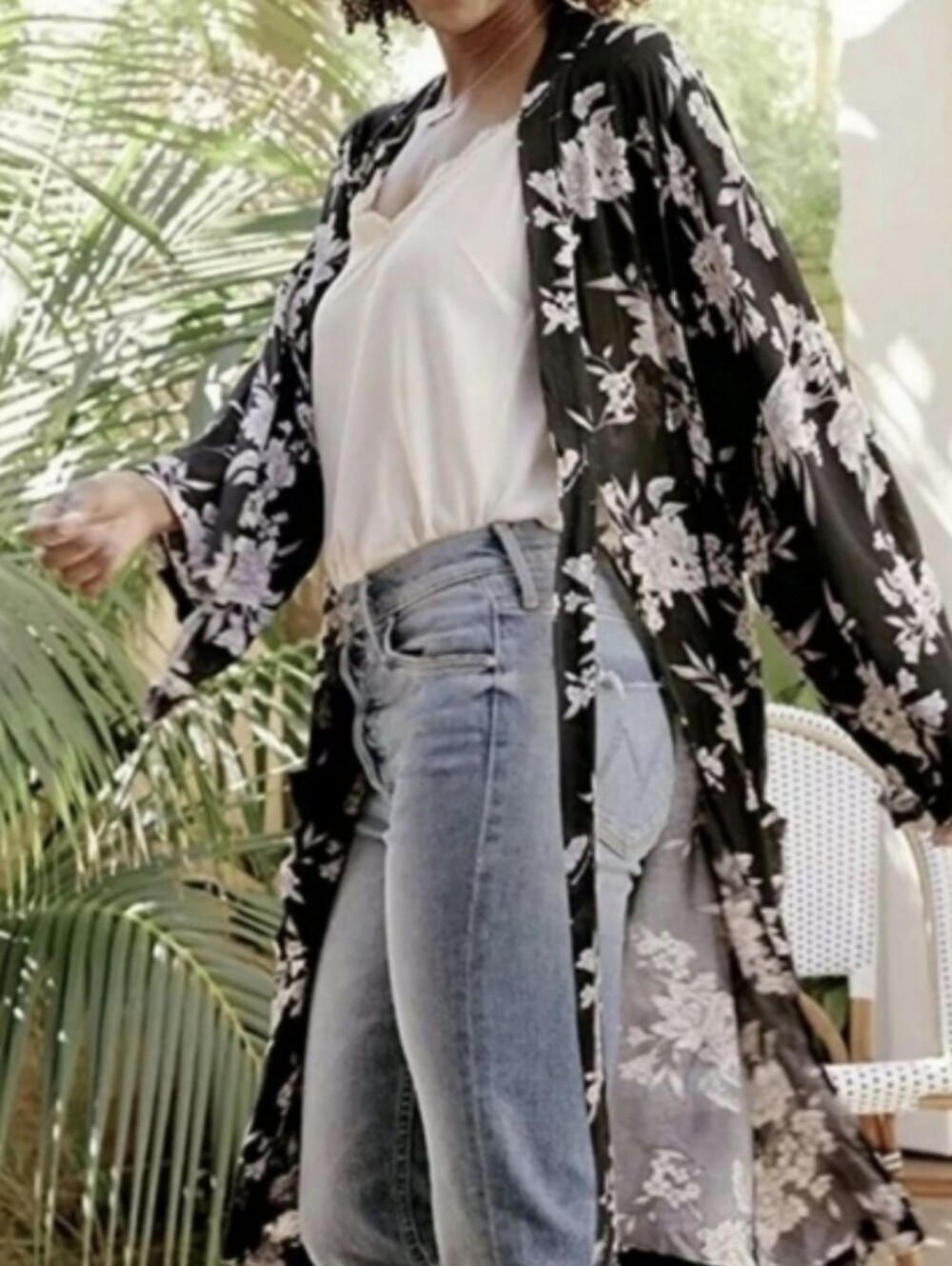 SPIRITUAL GANGSTER Black White Maya Floral Kimono Wrap Duster Cardigan OS